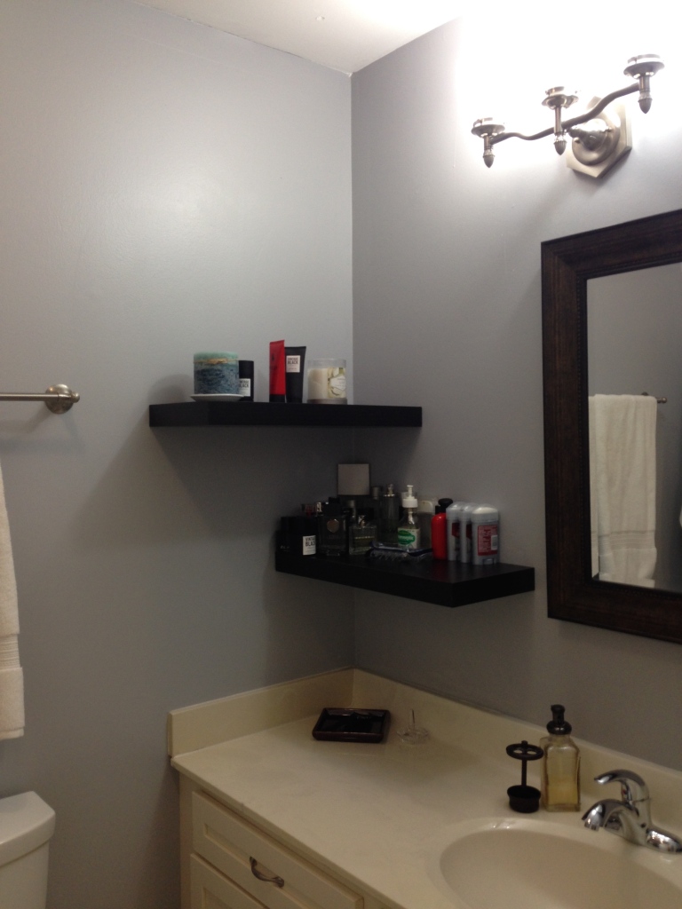 New bathroom shelving, mirror, lights. Freshly painted walls and ceiling.